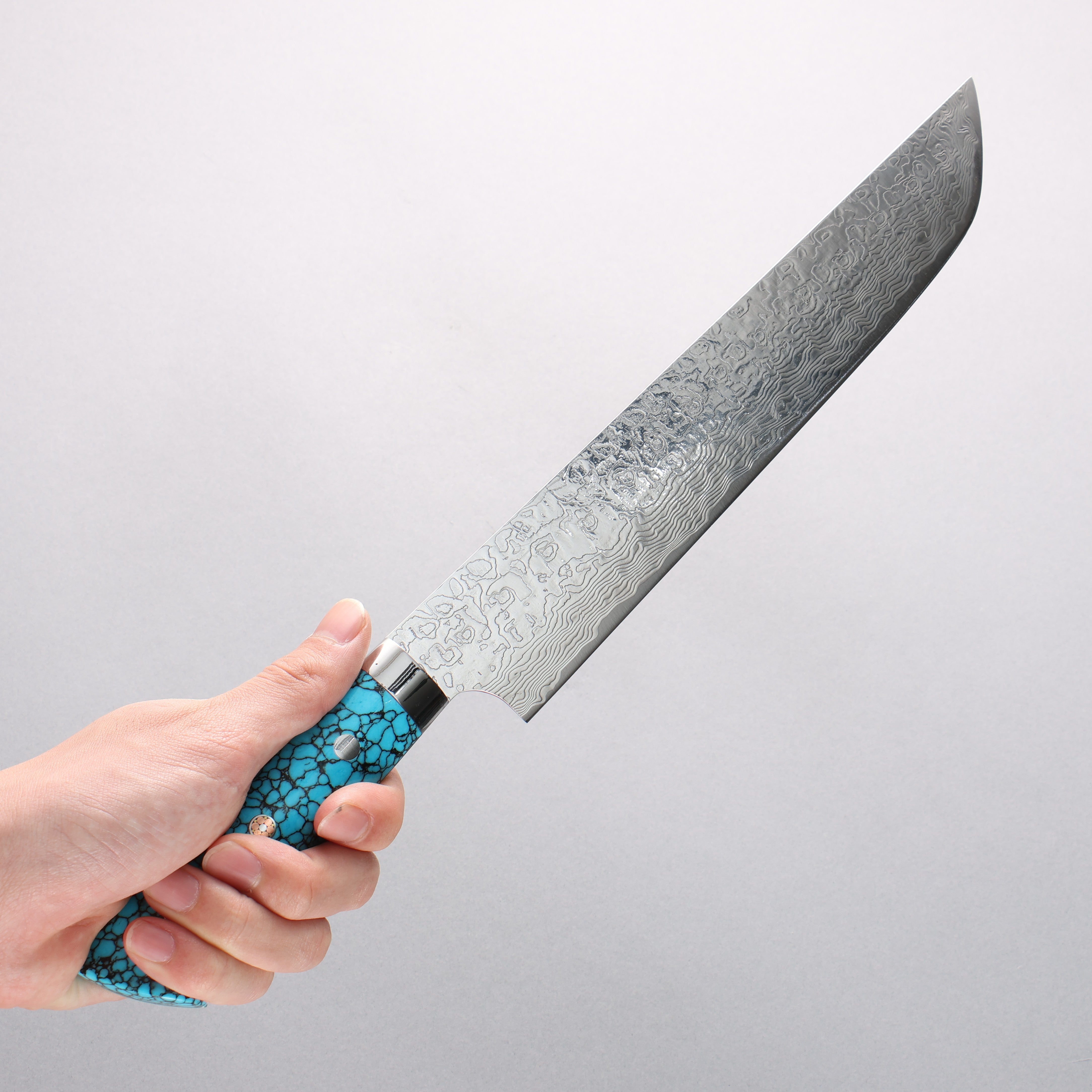 Takeshi Saji SG2 Diamond Finish Damascus Sakimaru Sujihiki 240mm Blue Turquoise Handle - Seisuke Knife