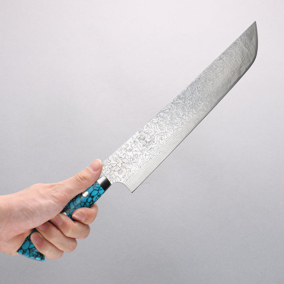 Takeshi Saji SG2 Diamond Finish Damascus Sakimaru Sujihiki 270mm Blue Turquoise Handle - Seisuke Knife