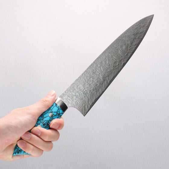 Takeshi Saji New Nomura Style SG2 Diamond Finish Damascus Gyuto 240mm Blue Turquoise Handle - Seisuke Knife