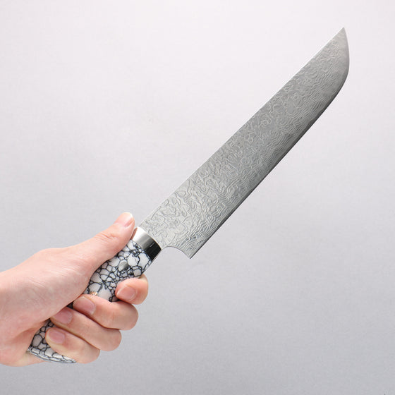 Takeshi Saji SG2 Diamond Finish Damascus Sakimaru Sujihiki 240mm White Turquoise Handle - Seisuke Knife