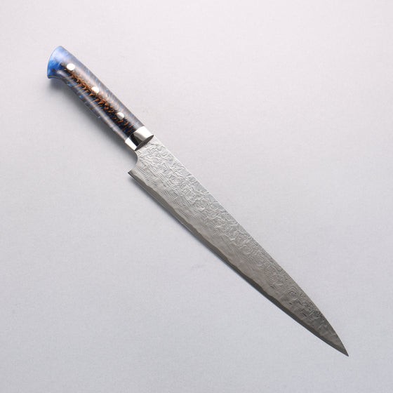Takeshi Saji SG2 Diamond Finish Damascus Sujihiki 240mm Pine Cone and Blue Acrylic Handle - Seisuke Knife