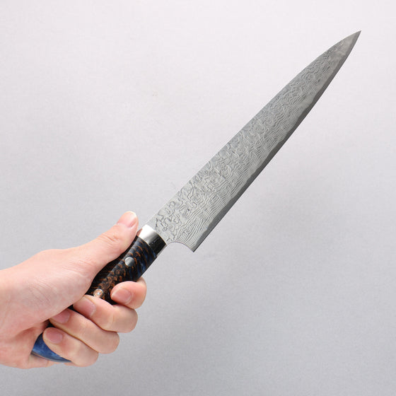 Takeshi Saji SG2 Diamond Finish Damascus Sujihiki 240mm Pine Cone and Blue Acrylic Handle - Seisuke Knife