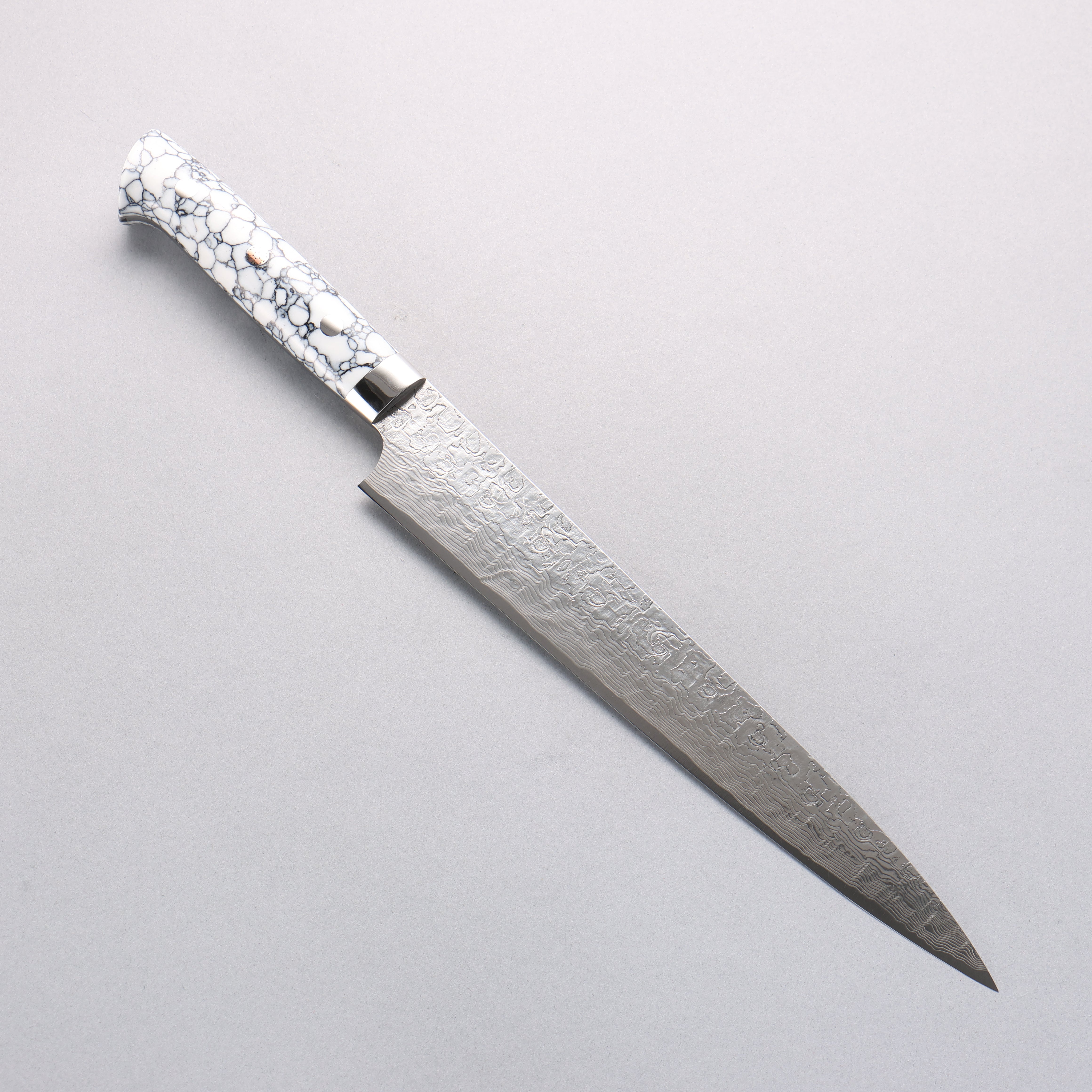 Takeshi Saji SG2 Diamond Finish Damascus Sujihiki 240mm White Turquoise Handle - Seisuke Knife