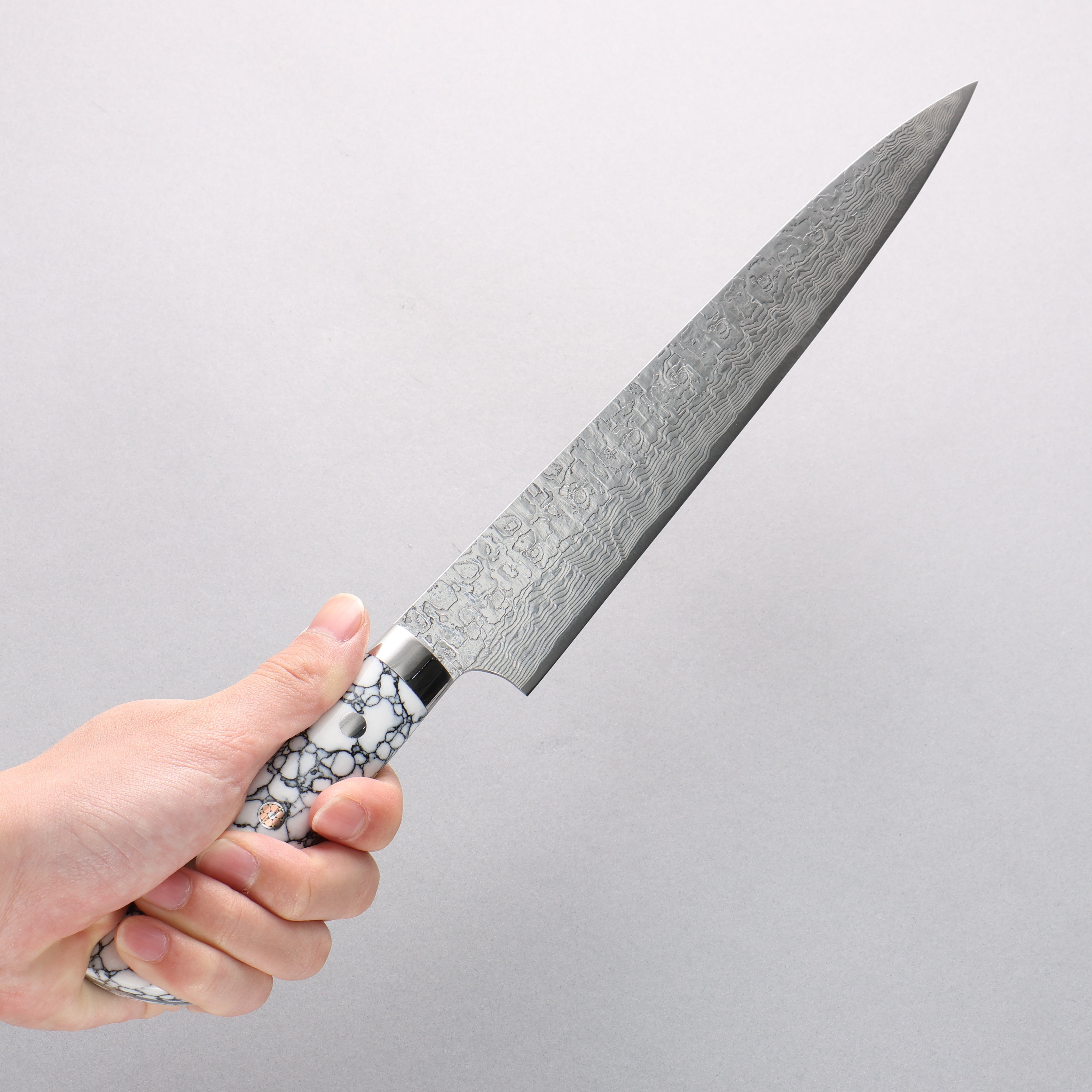 Takeshi Saji SG2 Diamond Finish Damascus Sujihiki 240mm White Turquoise Handle - Seisuke Knife
