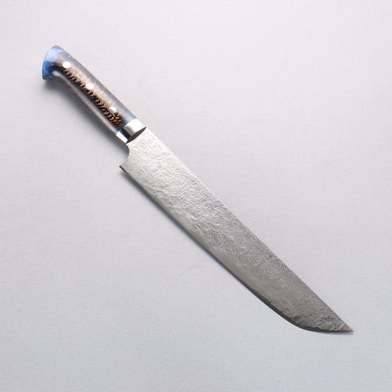 Takeshi Saji SG2 Diamond Finish Damascus Sakimaru Sujihiki 240mm Pine Cone and Blue Acrylic Handle - Seisuke Knife
