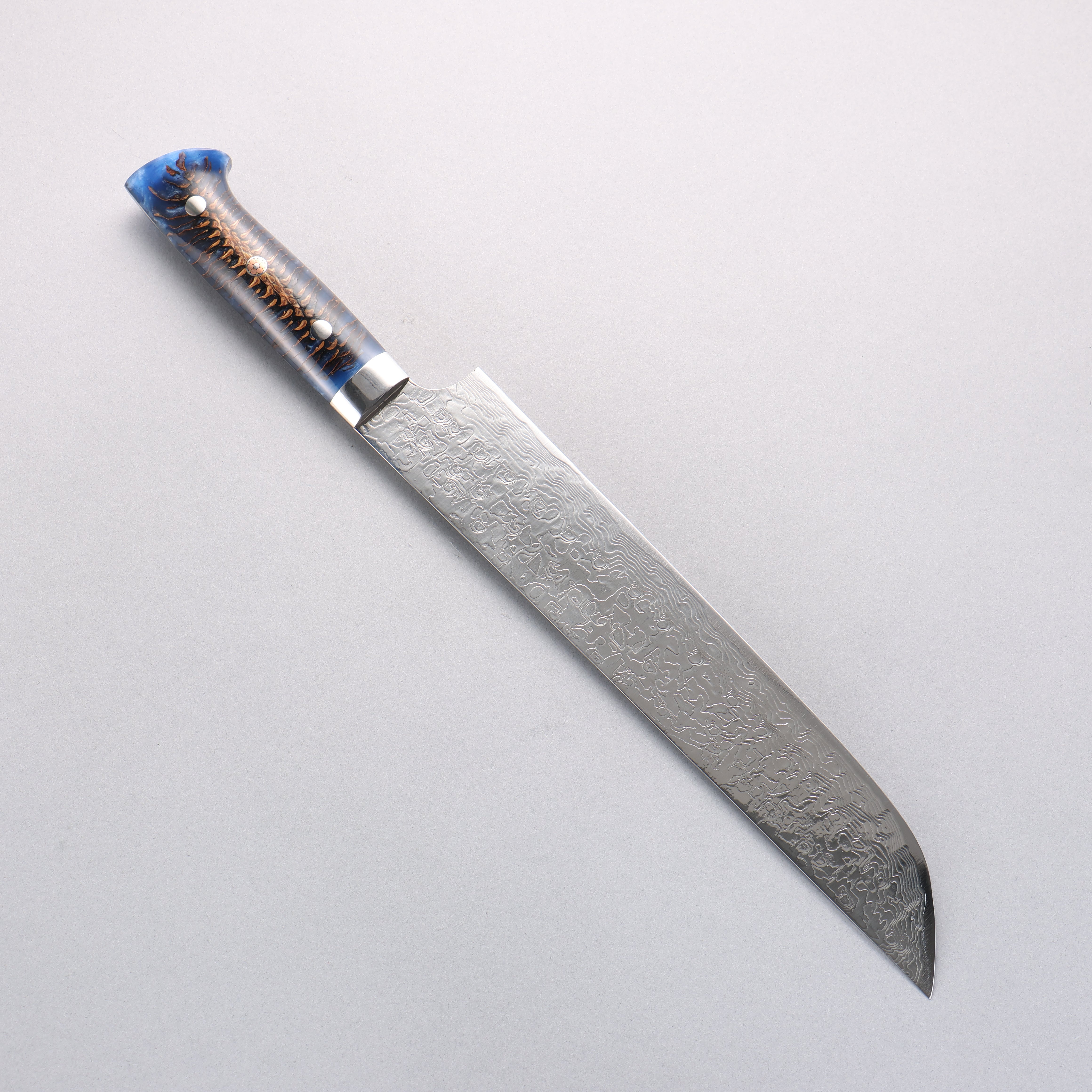 Takeshi Saji SG2 Diamond Finish Damascus Sakimaru Sujihiki 240mm Pine Cone and Blue Acrylic Handle - Seisuke Knife