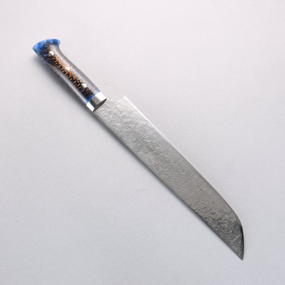 Takeshi Saji SG2 Diamond Finish Damascus Sakimaru Sujihiki 240mm Pine Cone and Blue Acrylic Handle - Seisuke Knife