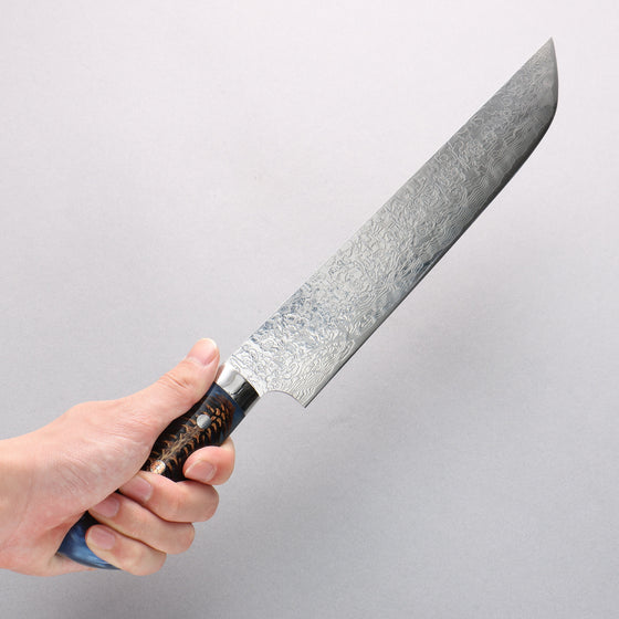 Takeshi Saji SG2 Diamond Finish Damascus Sakimaru Sujihiki 240mm Pine Cone and Blue Acrylic Handle - Seisuke Knife