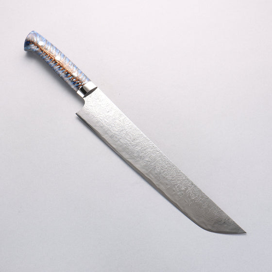 Takeshi Saji SG2 Diamond Finish Damascus Sakimaru Sujihiki 270mm Pine Cone and Blue Acrylic Handle - Seisuke Knife