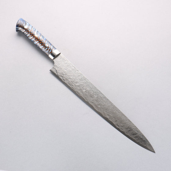 Takeshi Saji SG2 Diamond Finish Damascus Sujihiki 270mm Pine Cone and Blue Acrylic Handle - Seisuke Knife