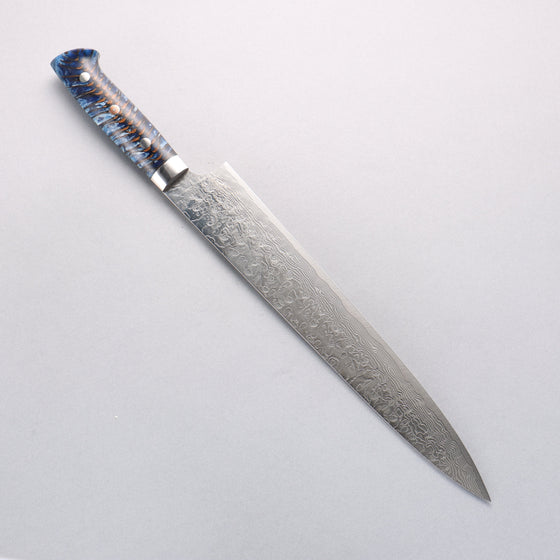 Takeshi Saji SG2 Diamond Finish Damascus Sujihiki 270mm Pine Cone and Blue Acrylic Handle - Seisuke Knife