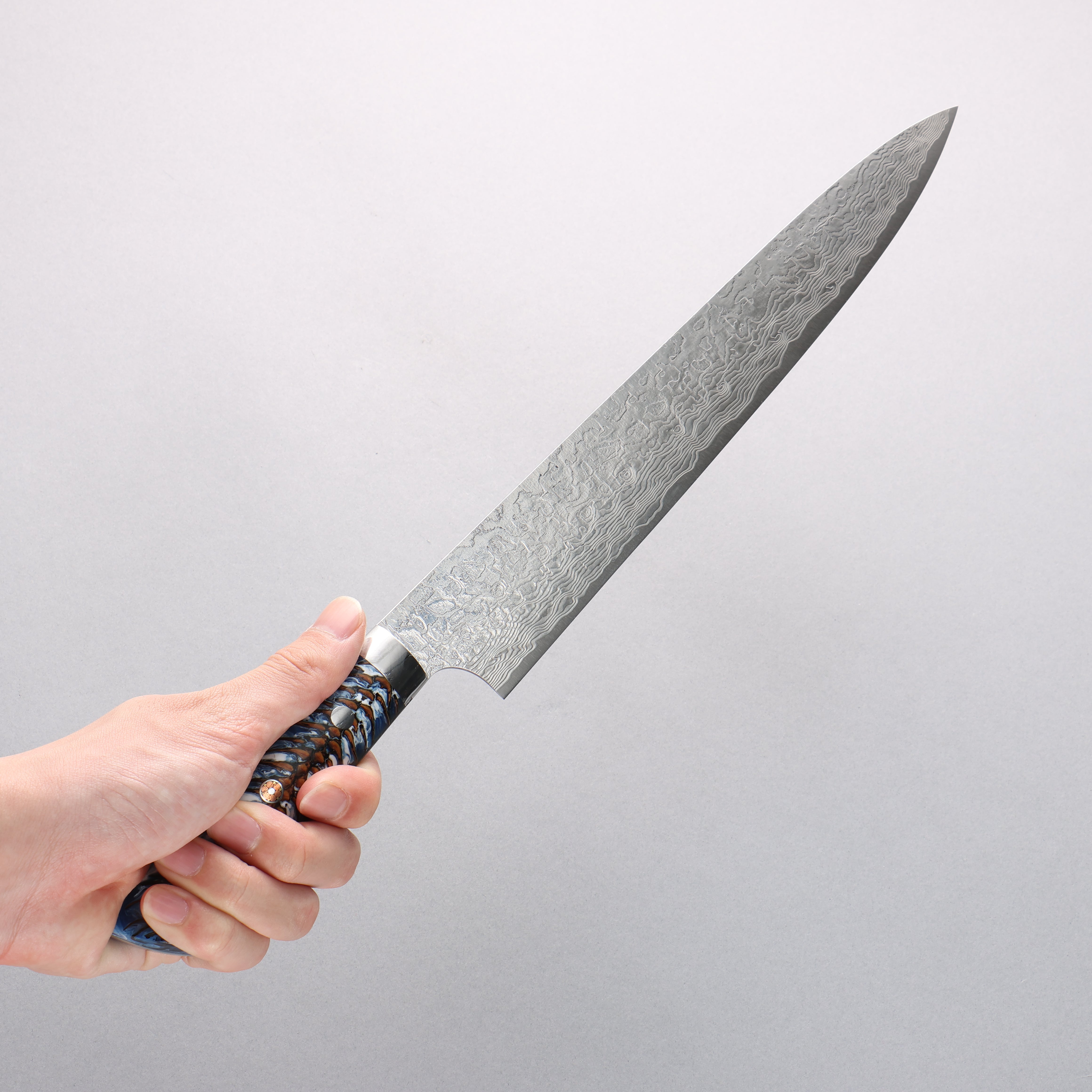 Takeshi Saji SG2 Diamond Finish Damascus Sujihiki 270mm Pine Cone and Blue Acrylic Handle - Seisuke Knife
