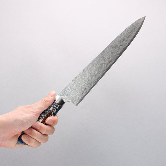 Takeshi Saji SG2 Diamond Finish Damascus Sujihiki 270mm Pine Cone and Blue Acrylic Handle - Seisuke Knife