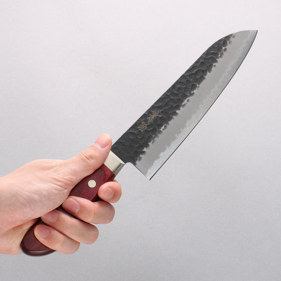 Seisuke Kurobeni Blue Super Hammered Kurouchi Santoku 185mm with Red Pakkawood Handle - Seisuke Knife