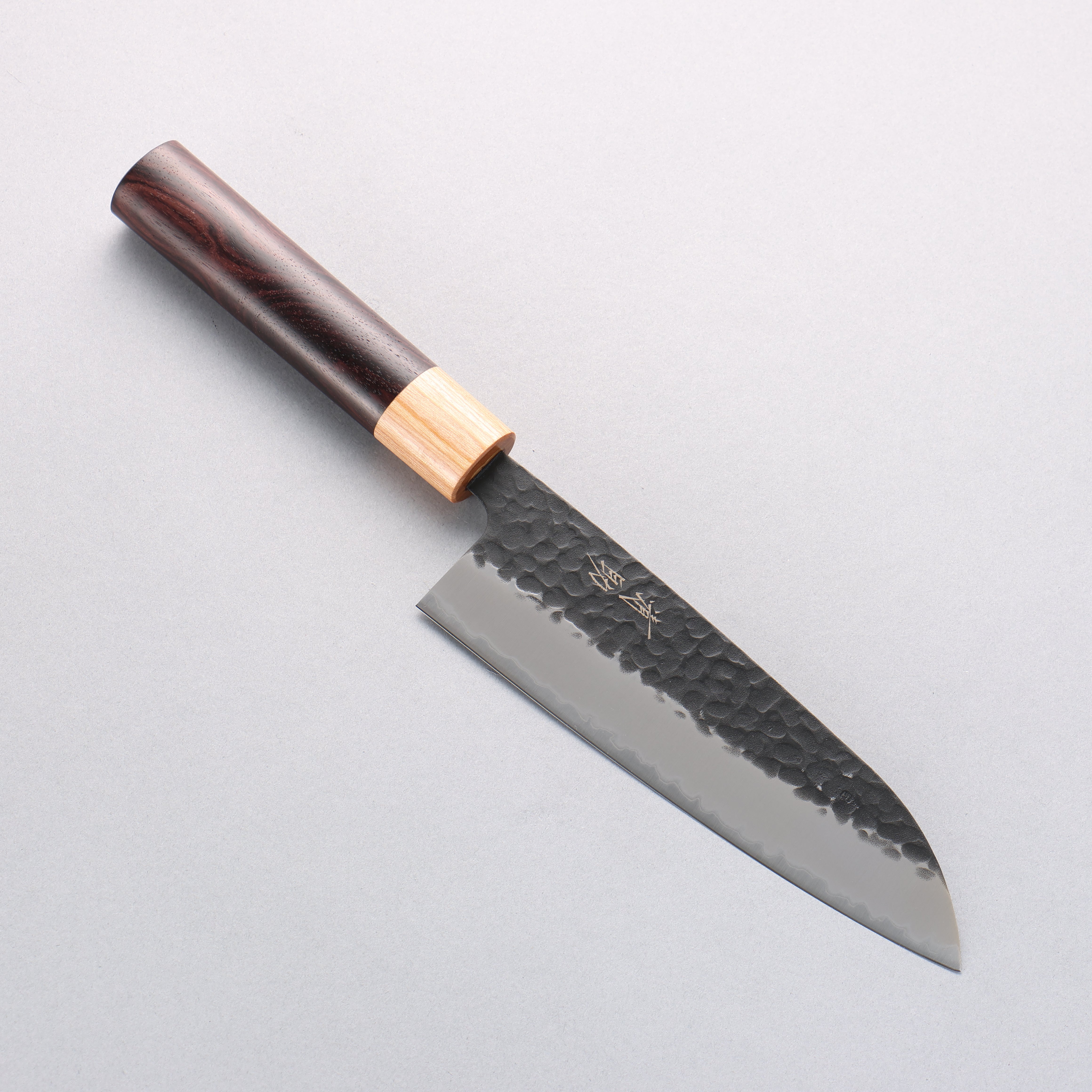 Seisuke Blue Super Hammered Kurouchi Santoku 170mm Rosewood Handle - Seisuke Knife