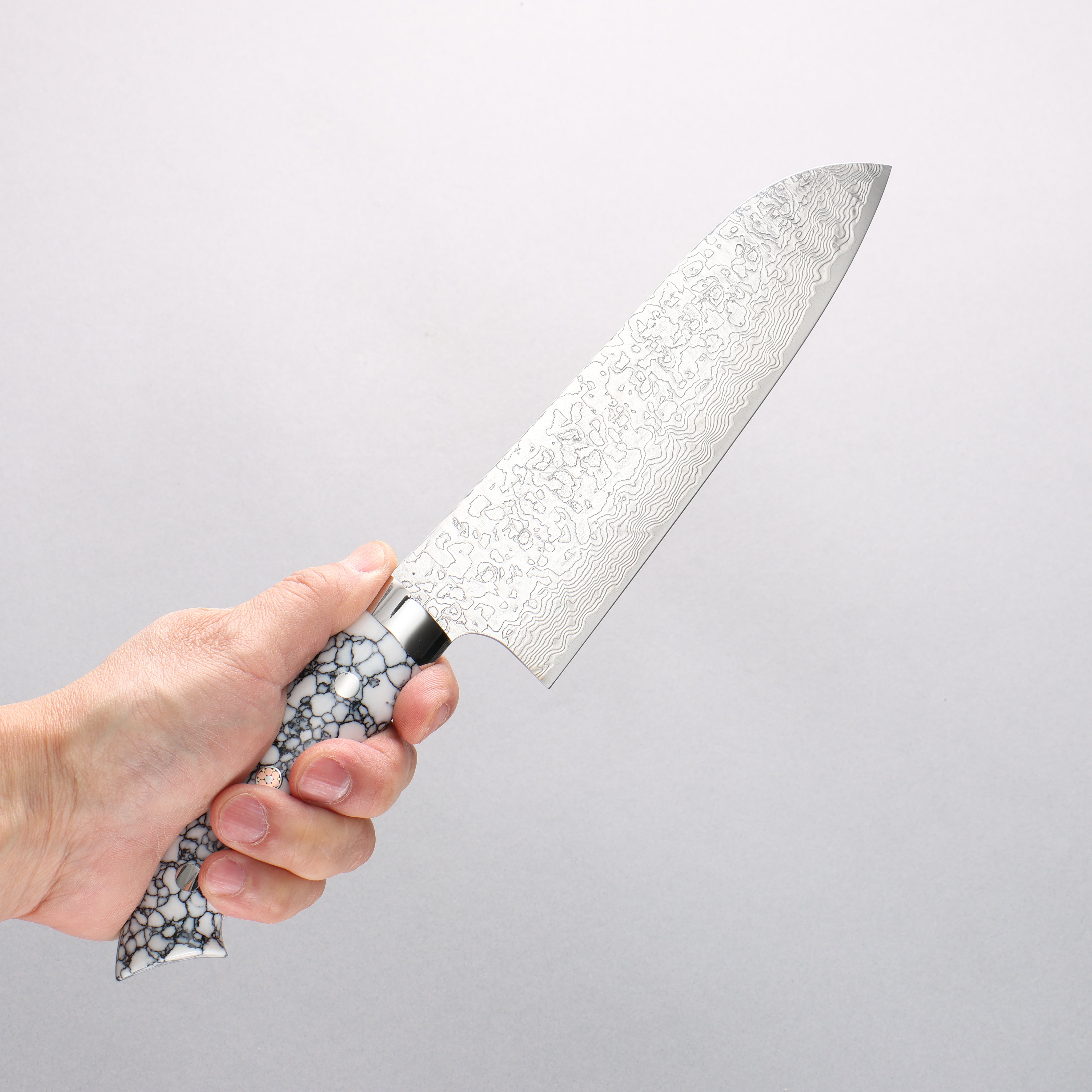 Takeshi Saji SG2 Diamond Finish Damascus Santoku 180mm White Turquoise Handle - Seisuke Knife
