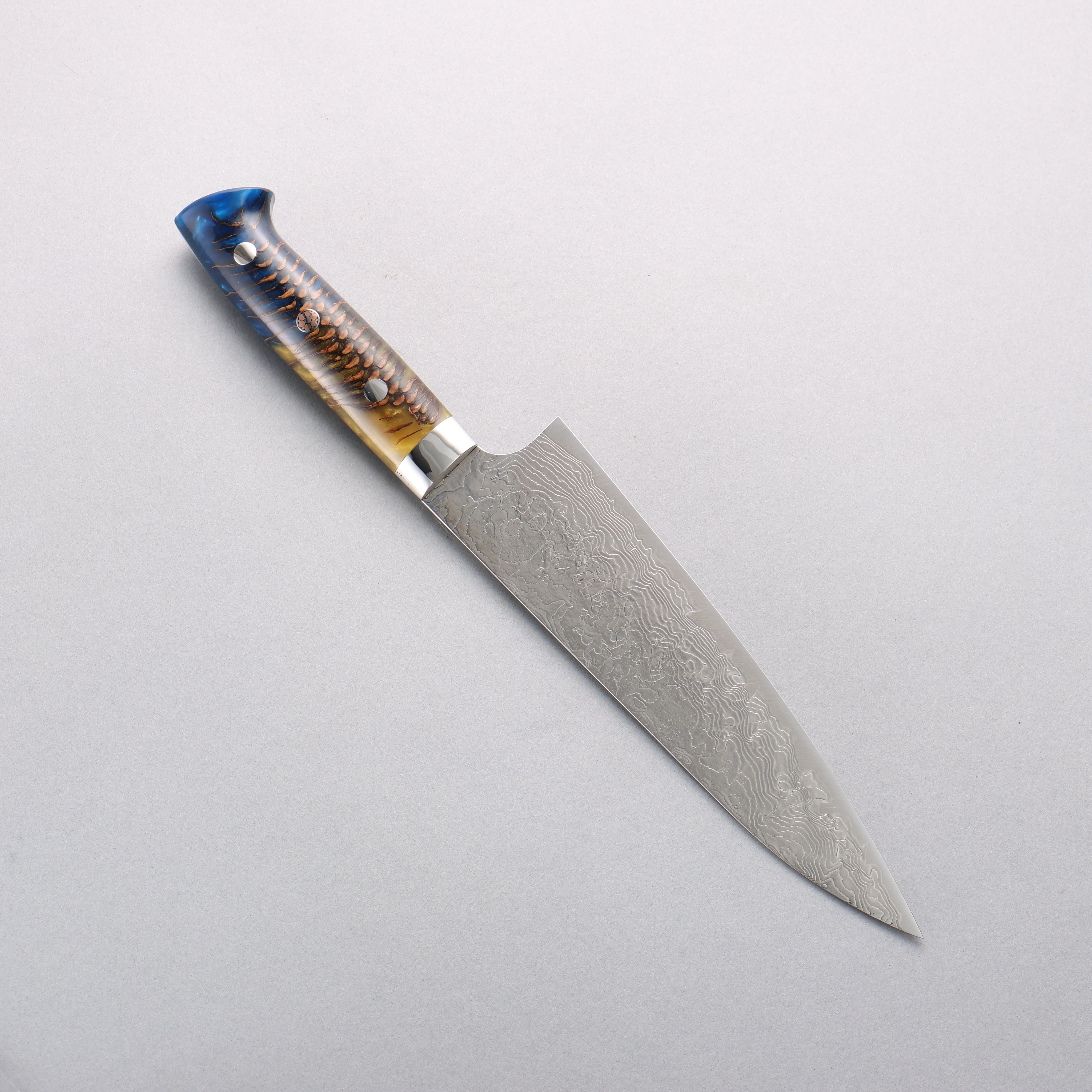 Takeshi Saji SG2 Diamond Finish Damascus Gyuto 180mm Pine Cone and Blue Acrylic Handle - Seisuke Knife