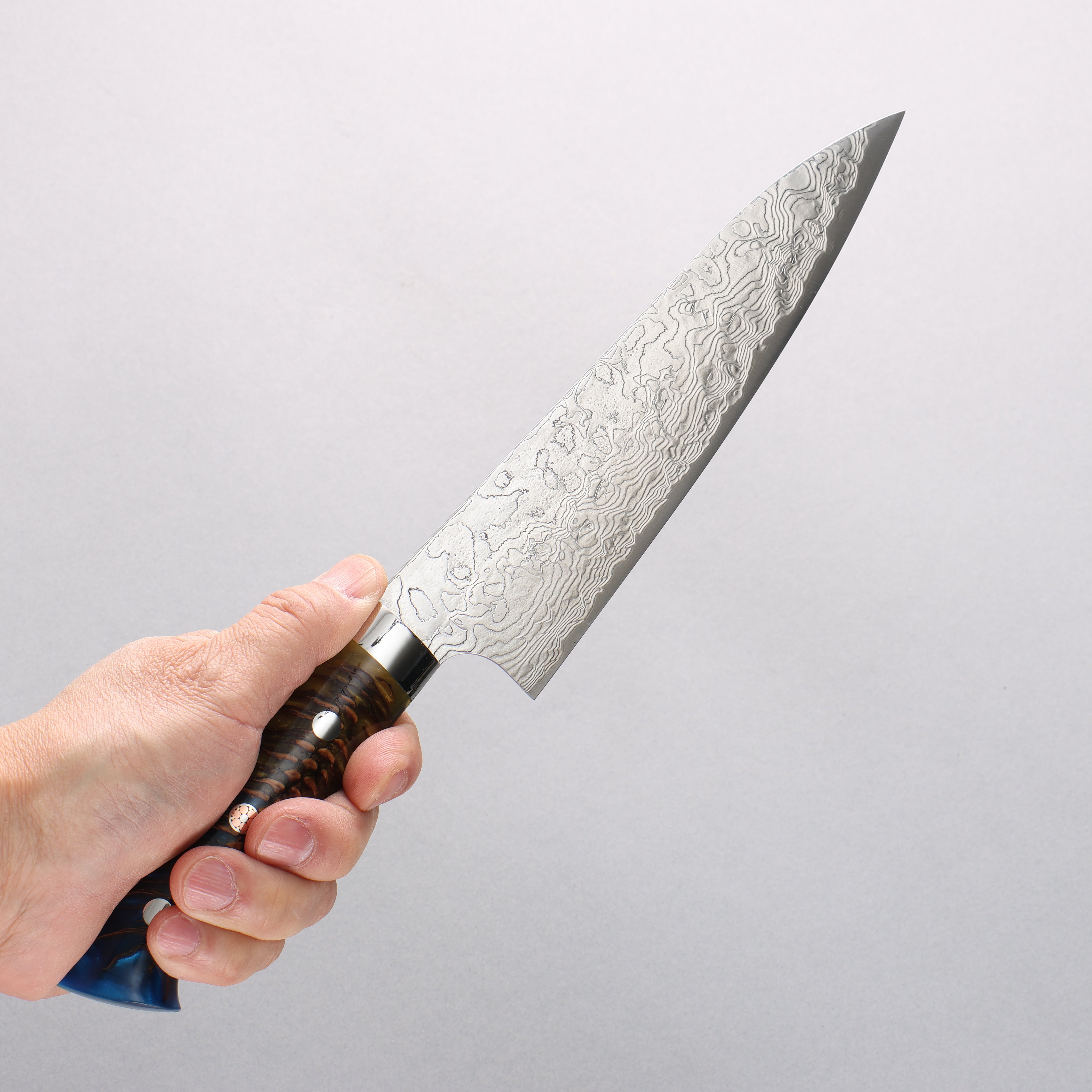 Takeshi Saji SG2 Diamond Finish Damascus Gyuto 180mm Pine Cone and Blue Acrylic Handle - Seisuke Knife
