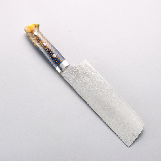 Takeshi Saji SG2 Diamond Finish Damascus Nakiri 165mm Pine Cone and Blue Acrylic Handle - Seisuke Knife
