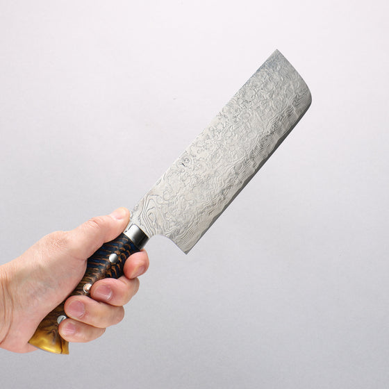 Takeshi Saji SG2 Diamond Finish Damascus Nakiri 165mm Pine Cone and Blue Acrylic Handle - Seisuke Knife