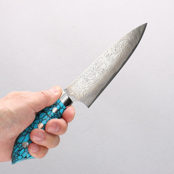 Takeshi Saji New Nomura Style SG2 Diamond Finish Damascus Petty-Utility 130mm Blue Turquoise Handle - Seisuke Knife