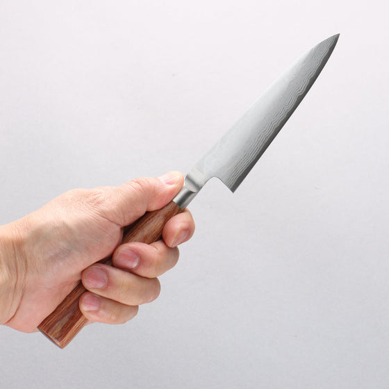 Kamo Hamono VG10 Damascus Petty-Utility 120mm Brown Pakka wood Handle - Seisuke Knife