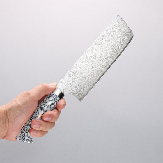 Takeshi Saji SG2 Diamond Finish Damascus Nakiri 165mm White Turquoise Handle - Seisuke Knife