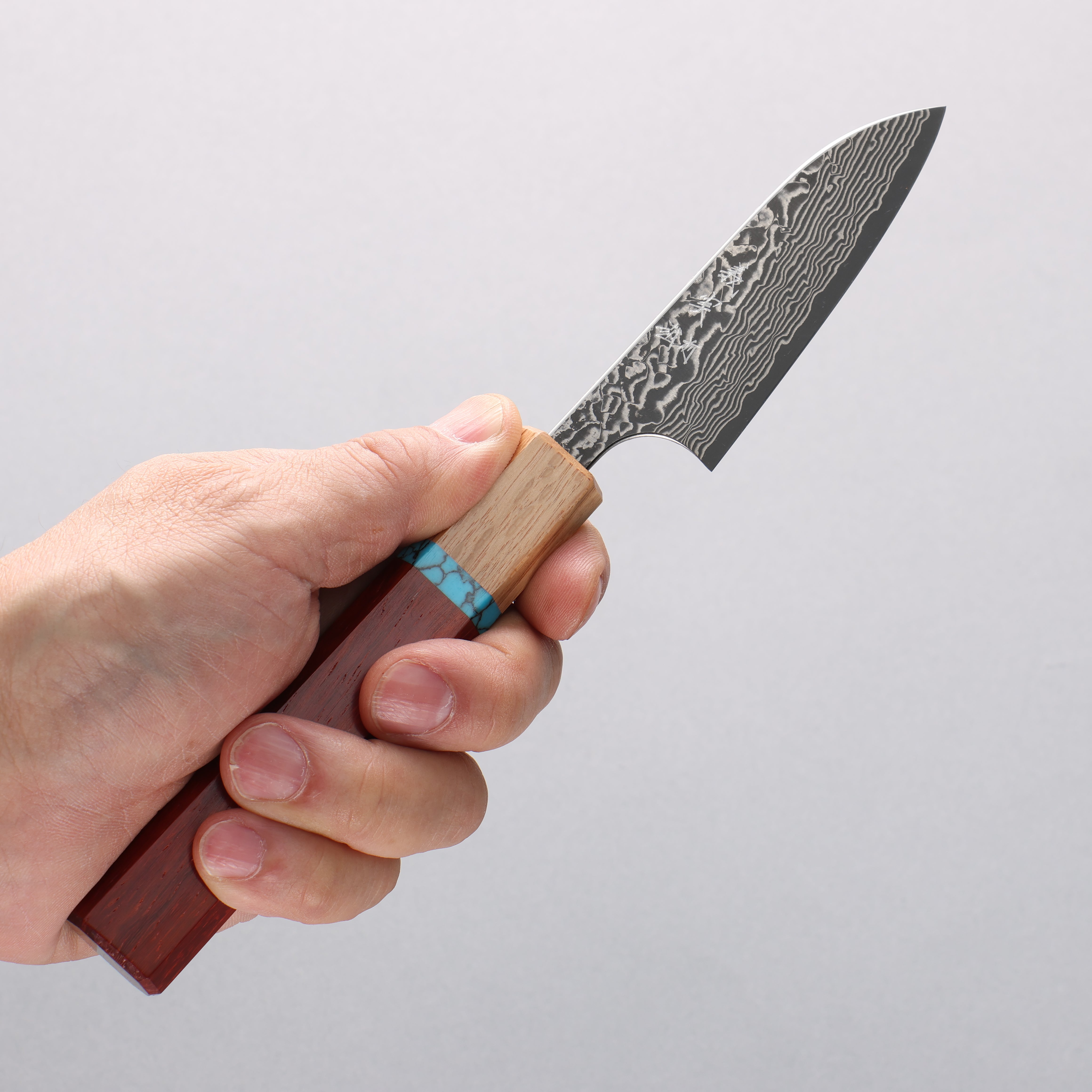 Yoshimi Kato SG2 Black Damascus Petty-Utility 80mm Padoauk & Turquoise Ring Handle - Seisuke Knife