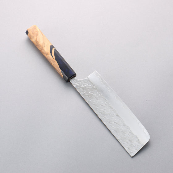 Yoshimi Kato Hyo SG2 Hammered Nakiri 165mm Olive Tree and Blue Resin Handle - Seisuke Knife