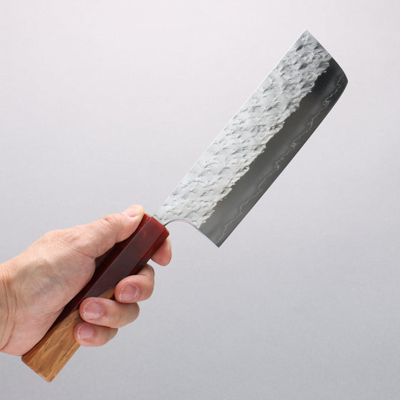 Yoshimi Kato Hyo SG2 Hammered Nakiri 165mm Olive Tree and Red Resin Handle - Seisuke Knife
