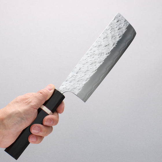 Yoshimi Kato Hyo SG2 Hammered Nakiri 165mm Ebony Wood & White Ring Handle - Seisuke Knife