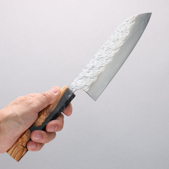Yoshimi Kato Hyo SG2 Hammered Santoku 170mm Olive Tree and Black/White Marble Resin Handle - Seisuke Knife