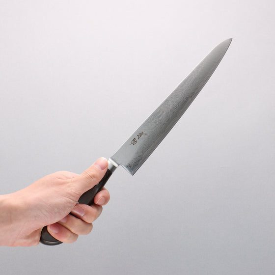 Seisuke Nami AUS10 Mirrored Finish Damascus Sujihiki 240mm Brown Pakka wood Handle - Seisuke Knife