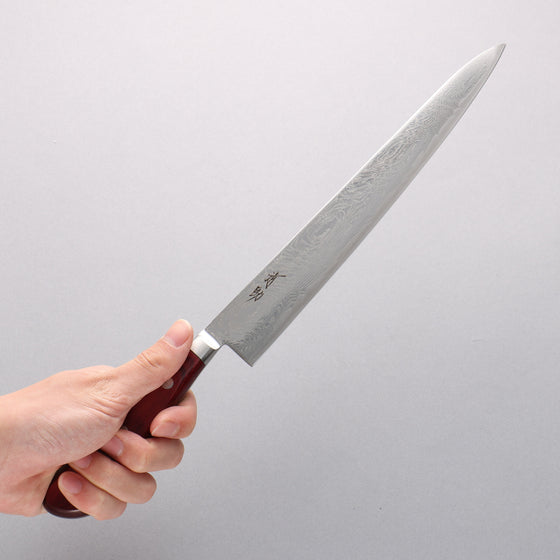 Seisuke Nami AUS10 Mirrored Finish Damascus Sujihiki 240mm Red Pakka wood Handle - Seisuke Knife