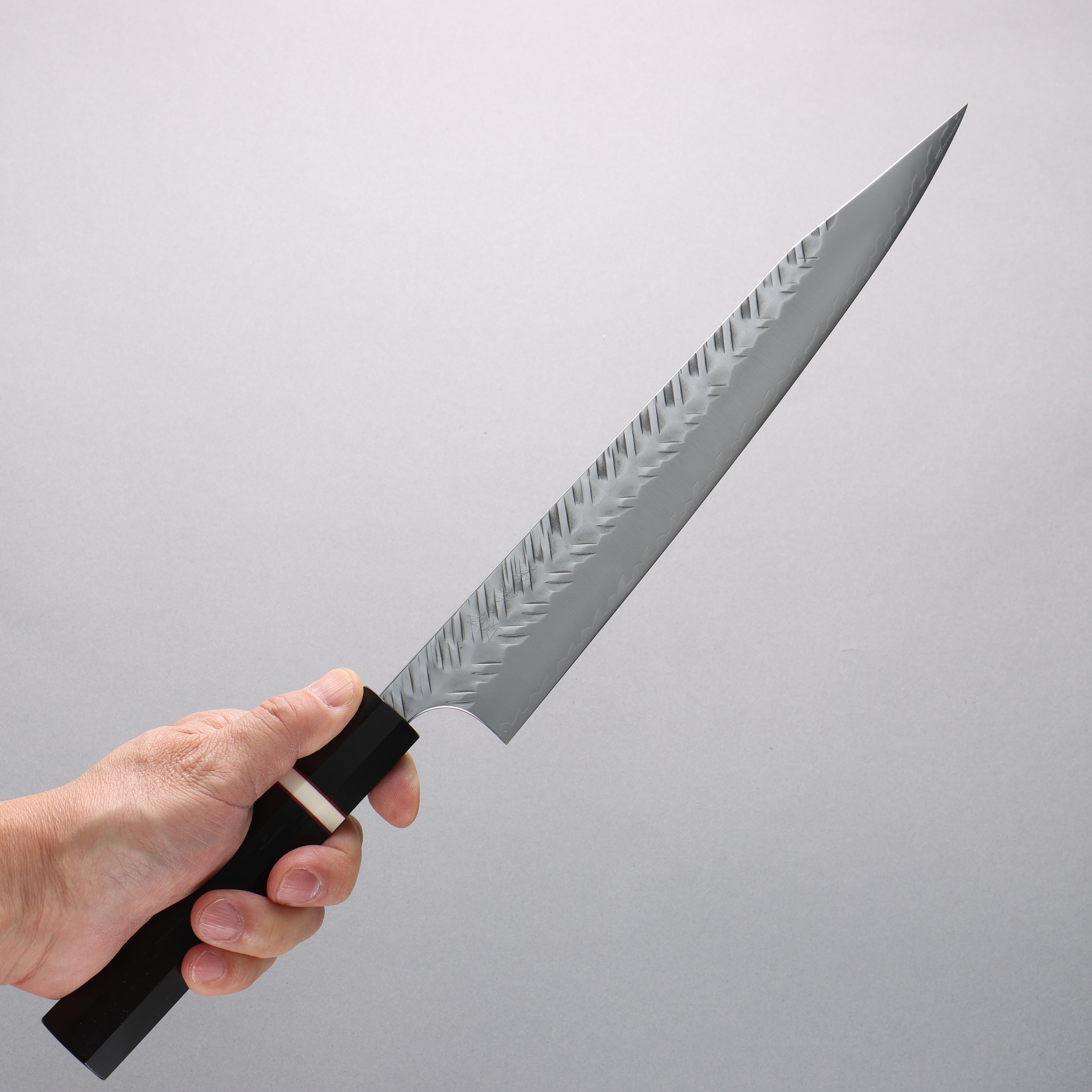 Yoshimi Kato SPG STRIX Hammered (V) Kiritsuke Sujihiki 270mm Ebony Wood(With White Ring) Handle - Seisuke Knife