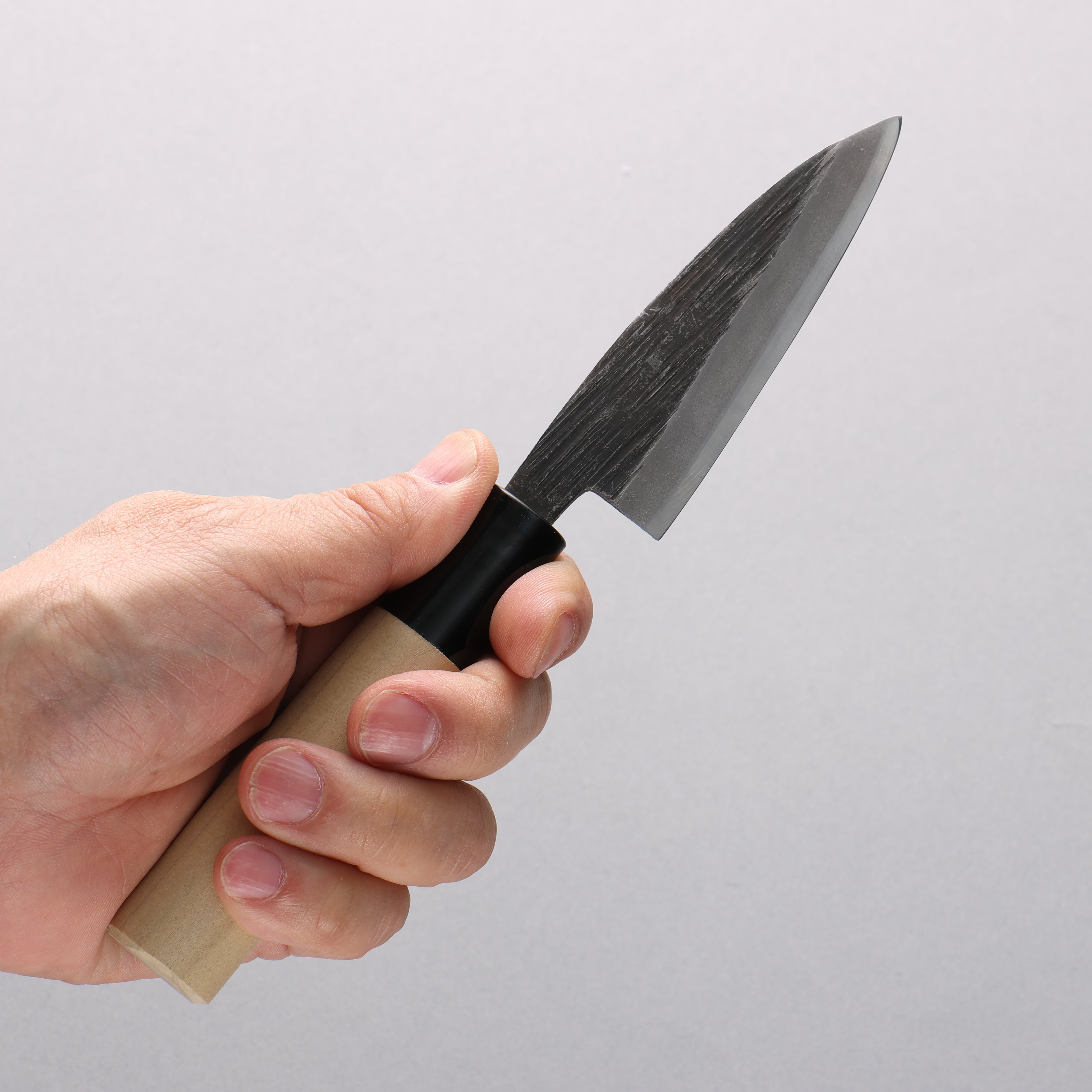 Sakai Takayuki Blue Steel No.2 Kurouchi Vertical Stripes Ajikiri 90mm Magnolia Handle - Seisuke Knife