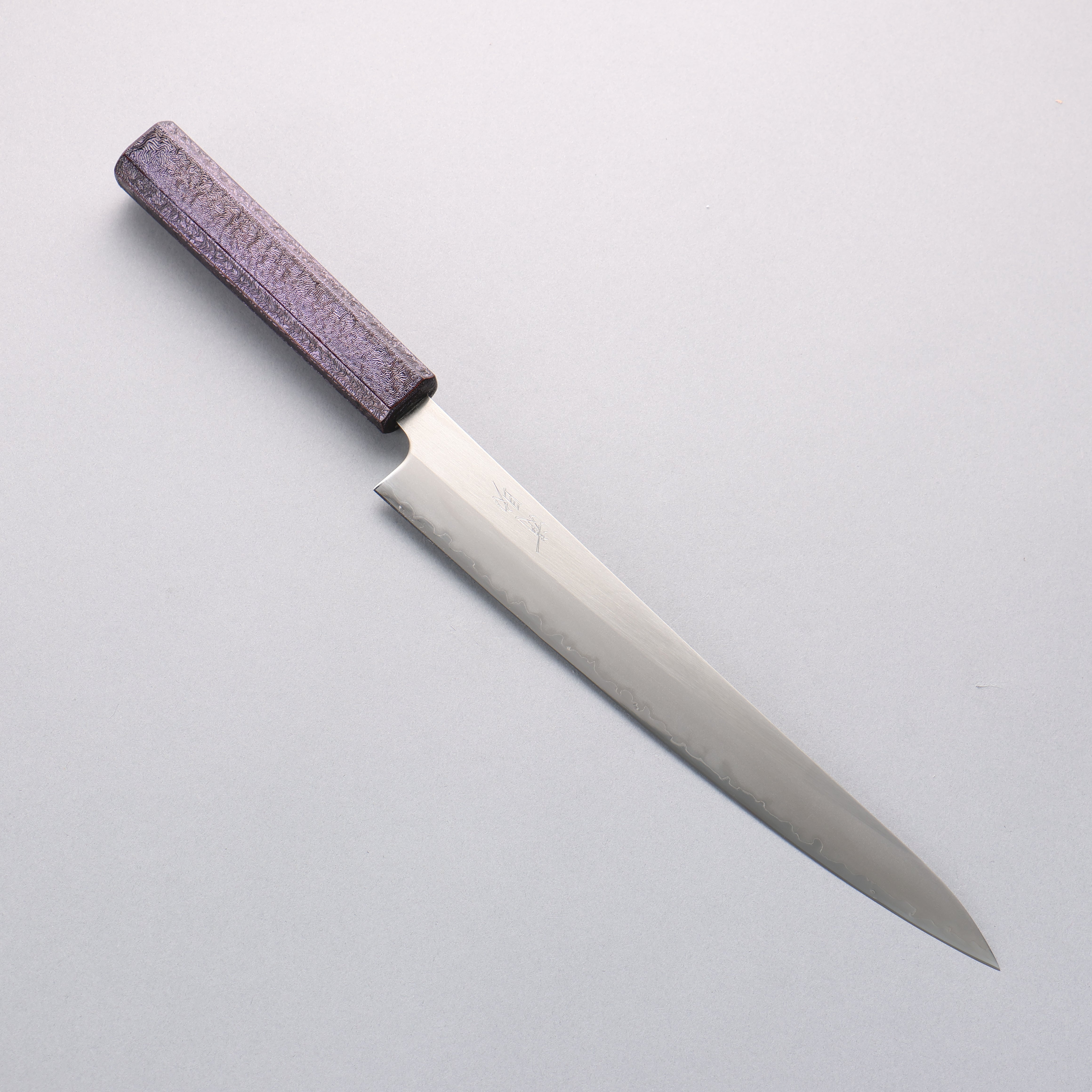 Seisuke White Steel No.1 Migaki Polish Finish Sujihiki 240mm Oak with Purple Lacquer Handle - Seisuke Knife