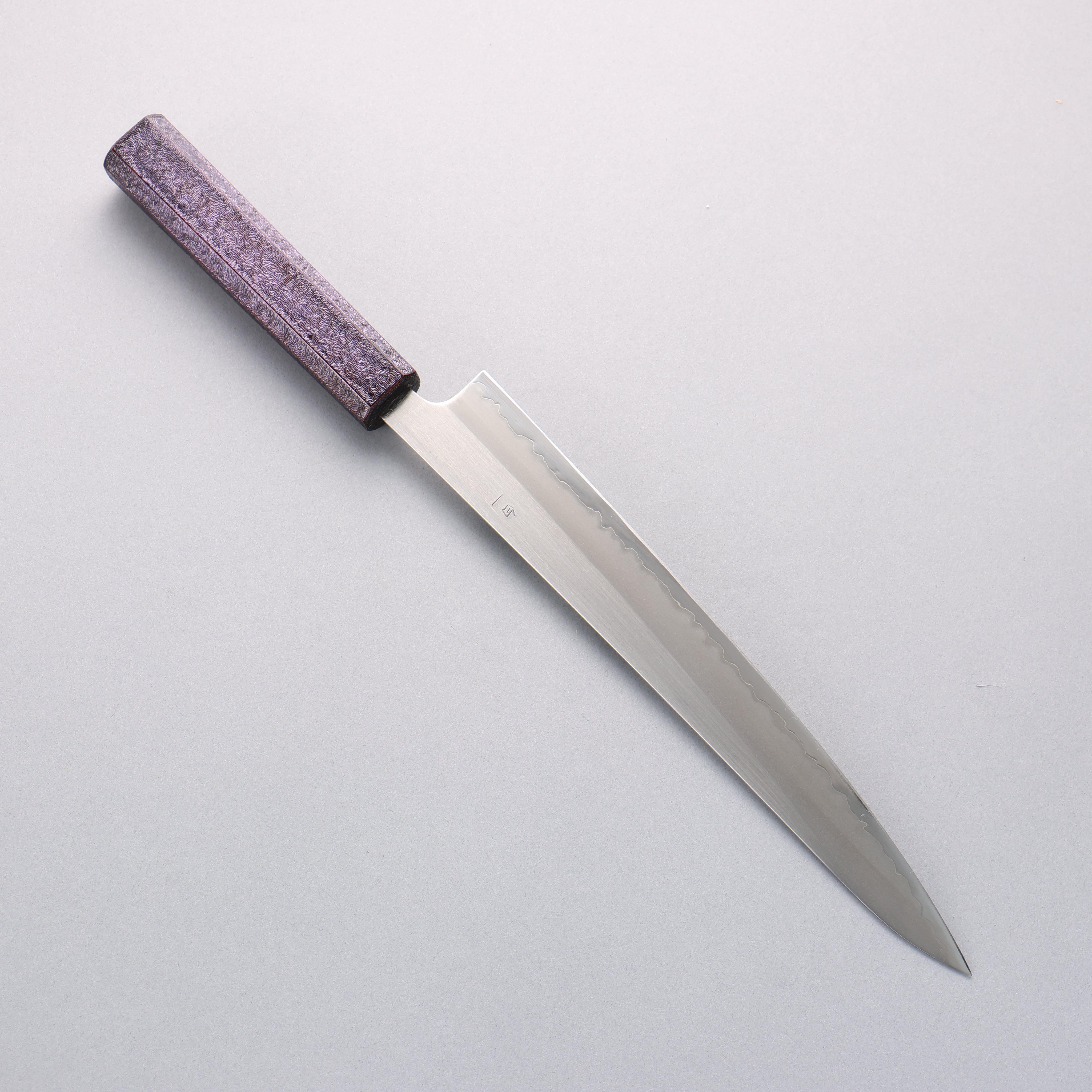 Seisuke White Steel No.1 Migaki Polish Finish Sujihiki 240mm Oak with Purple Lacquer Handle - Seisuke Knife