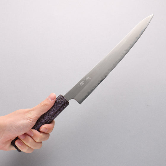 Seisuke White Steel No.1 Migaki Polish Finish Sujihiki 240mm Oak with Purple Lacquer Handle - Seisuke Knife