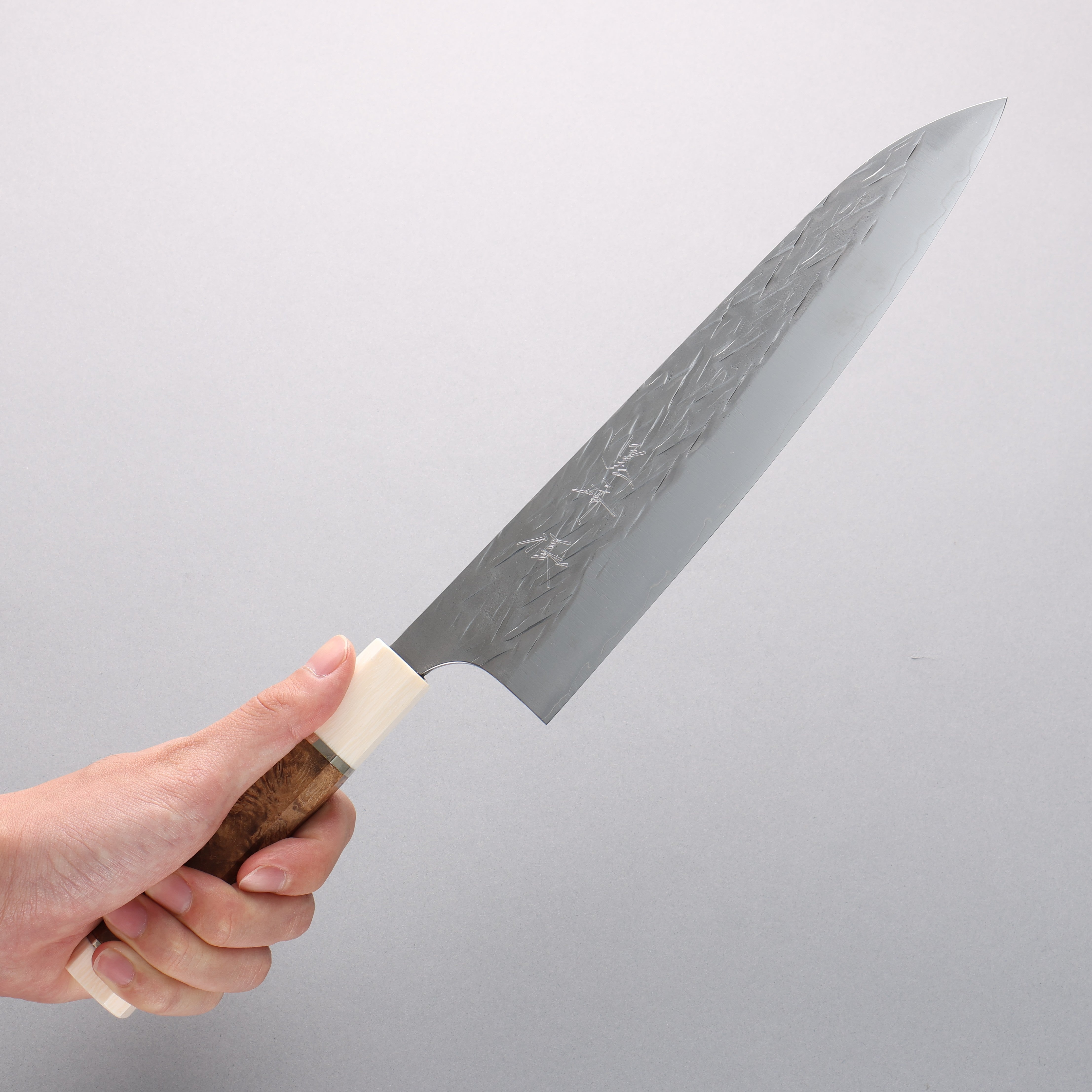 Yu Kurosaki Juhyo Cobalt Special Steel Hammered Gyuto 240mm Chinese Quince & White Resin Handle - Seisuke Knife