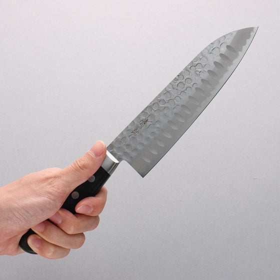 Seisuke Blue Steel Hammered Ribbed Santoku 180mm Black Pakka wood Handle - Seisuke Knife