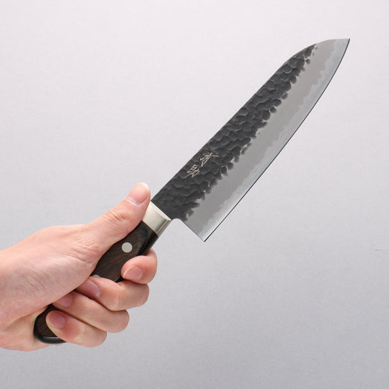 Seisuke Blue Super Hammered Black Finished Santoku 180mm Brown Pakka wood Handle - Seisuke Knife