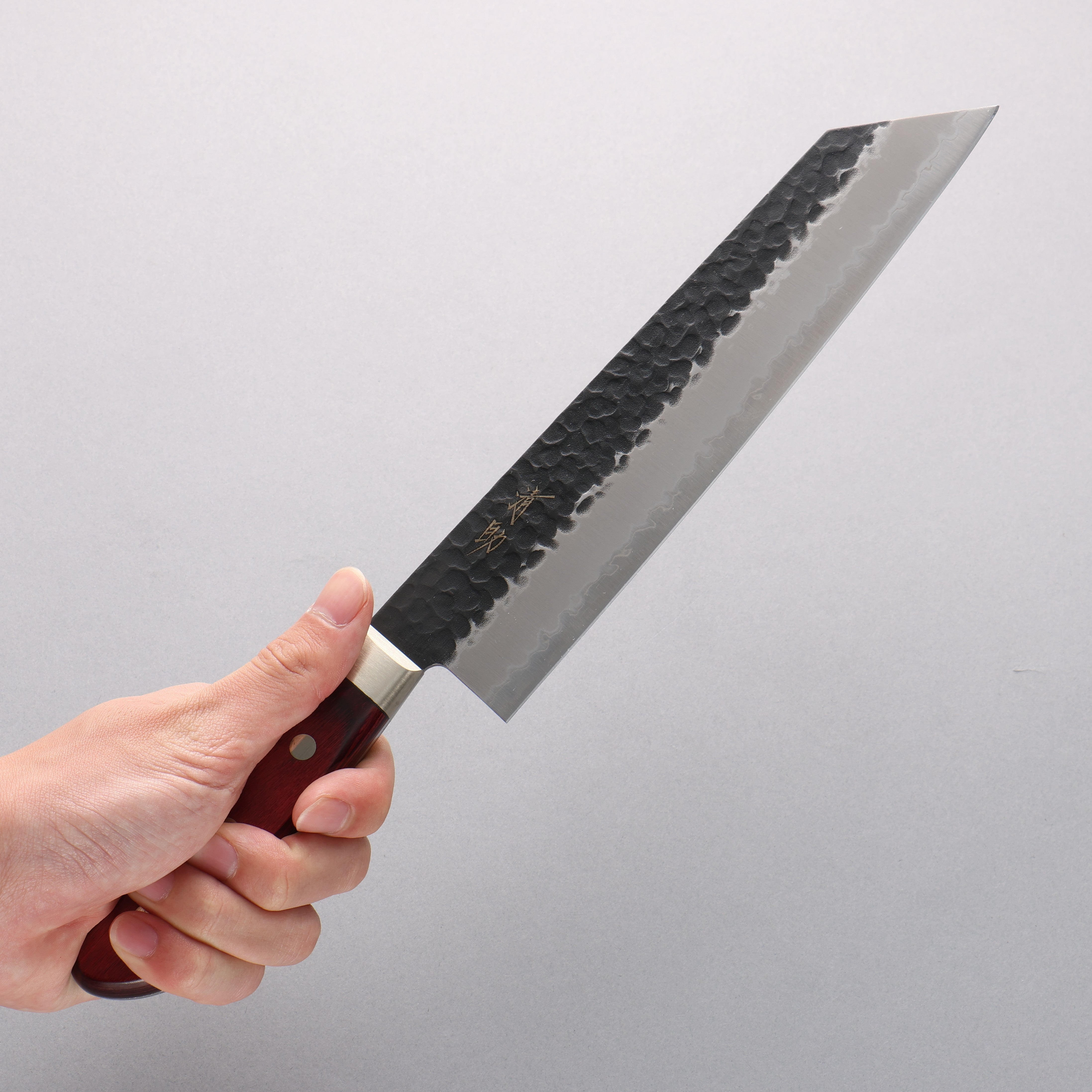 Seisuke Blue Super Hammered Kurouchi Kiritsuke Gyuto 210mm Red Pakka wood Handle - Seisuke Knife