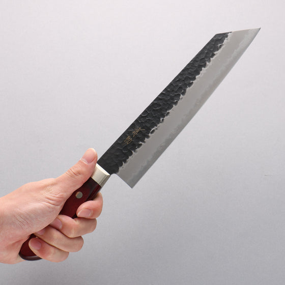 Seisuke Blue Super Hammered Kurouchi Kiritsuke Gyuto 210mm Red Pakka wood Handle - Seisuke Knife