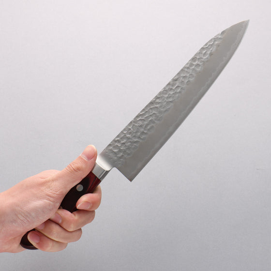 Seisuke Blue Super Hammered Gyuto 210mm Red Pakka wood Handle - Seisuke Knife
