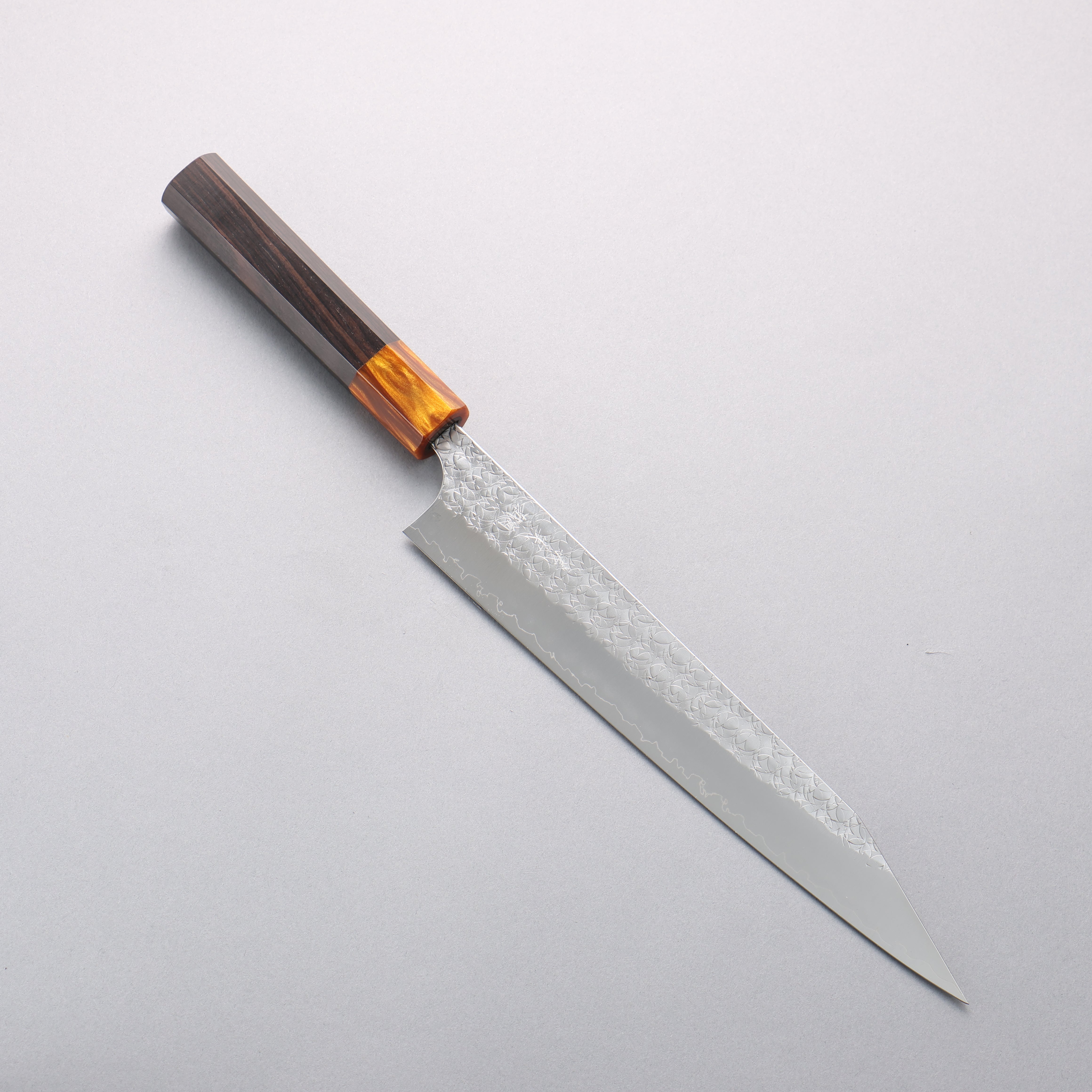 Yoshimi Kato Minamo SG2 Hammered Kiritsuke Sujihiki 240mm Ebony (ferrule: Orange Resin) Handle - Seisuke Knife