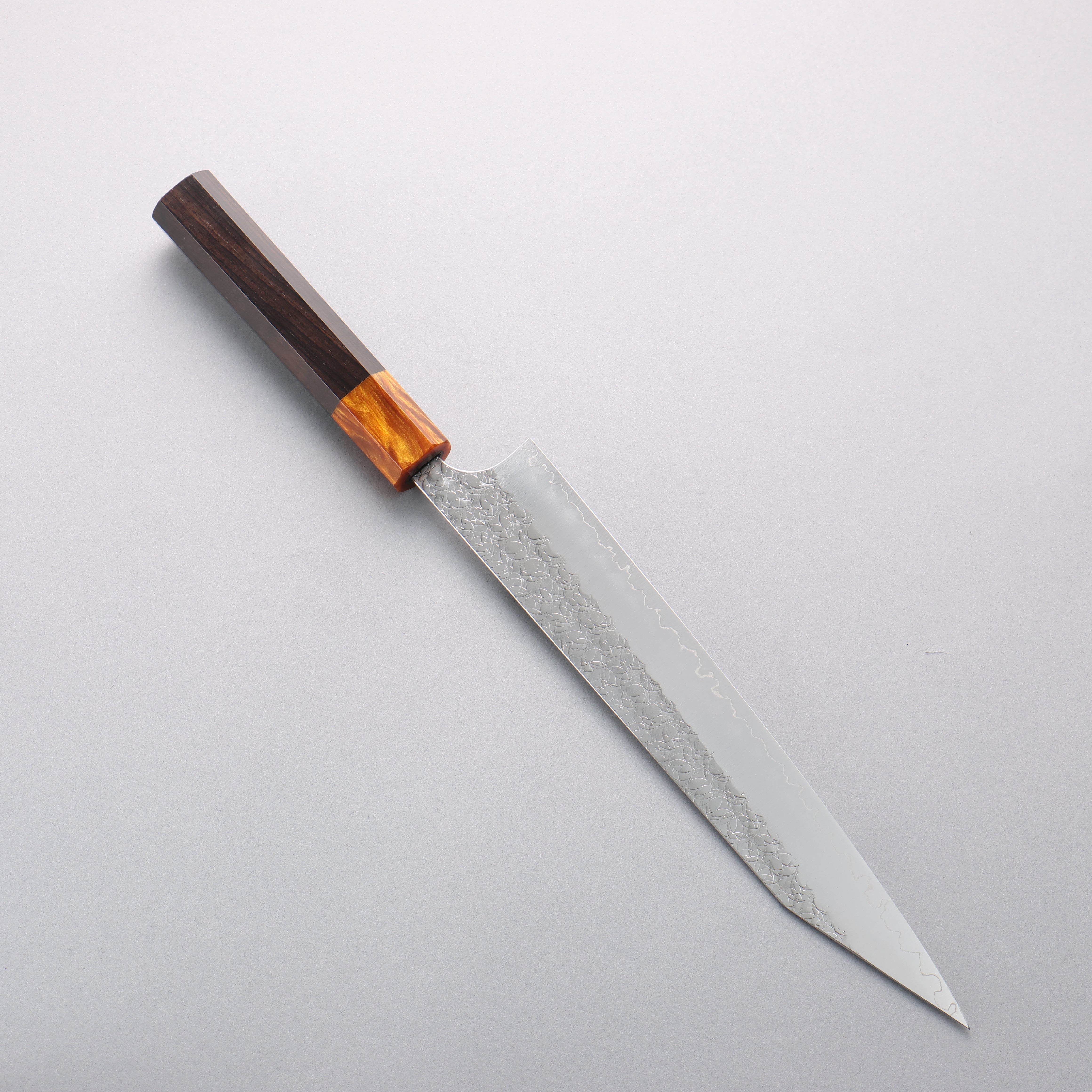 Yoshimi Kato Minamo SG2 Hammered Kiritsuke Sujihiki 240mm Ebony (ferrule: Orange Resin) Handle - Seisuke Knife