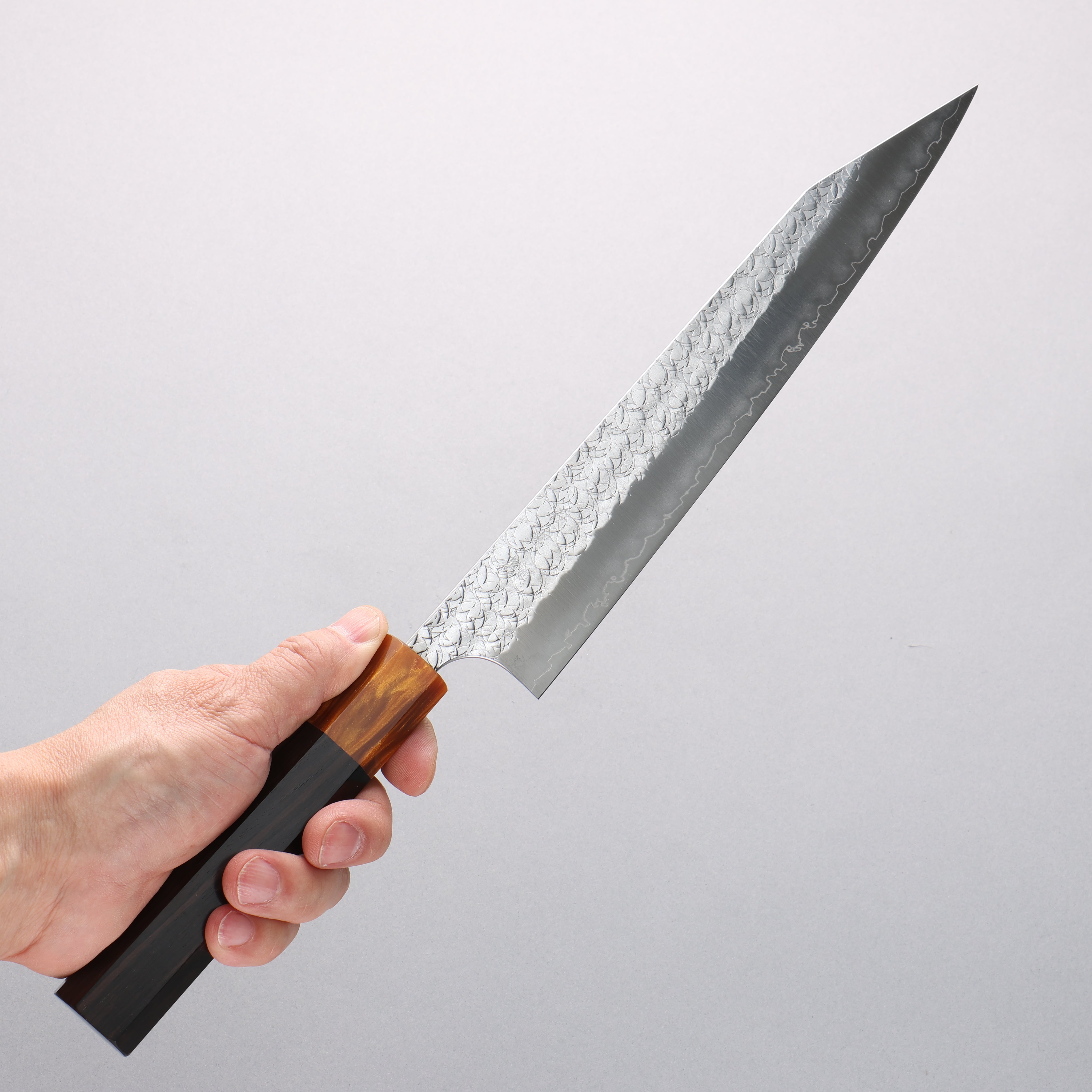 Yoshimi Kato Minamo SG2 Hammered Kiritsuke Sujihiki 240mm Ebony (ferrule: Orange Resin) Handle - Seisuke Knife