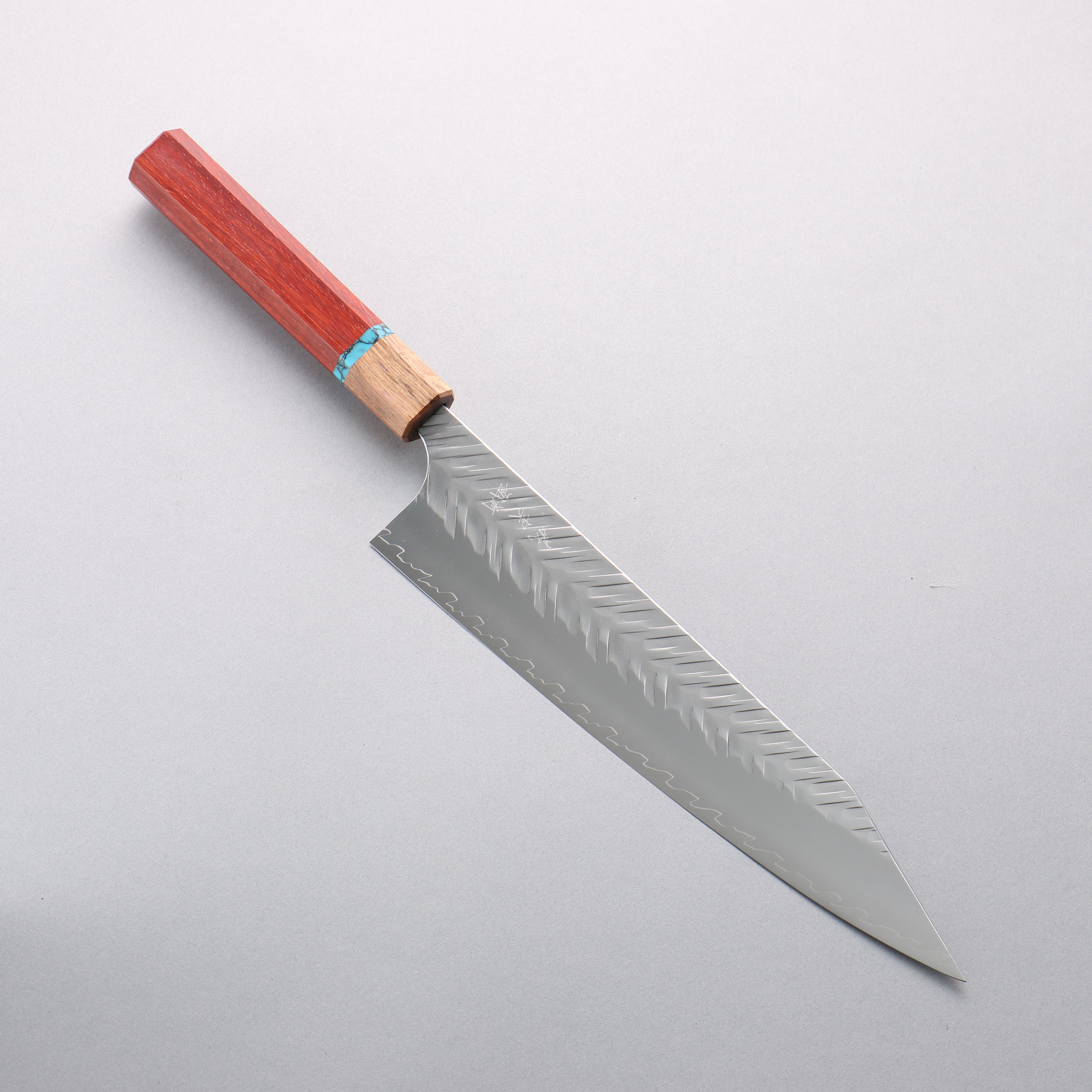 Yoshimi Kato SPG STRIX Hammered (V) Kiritsuke Gyuto 240mm Padoauk(Turquoise Ring) Handle - Seisuke Knife