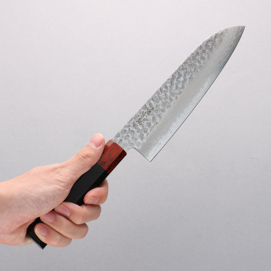 Seisuke VG10 33 Layer Hammered Damascus Santoku 180mm Black Pakka wood Handle - Seisuke Knife